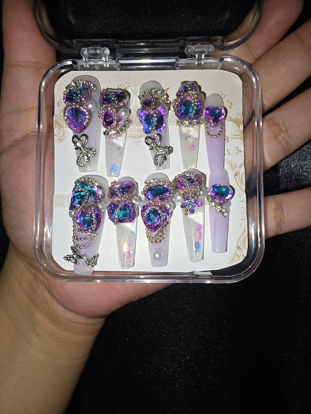 Handmade Iridescent Purple Crystal Press-On water Nail Set with Butterfly Charms